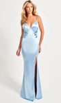 V-neck Empire Waistline Sheath Sleeveless Spaghetti Strap Satin Backless Applique Wrap Beaded Slit Open-Back Sheath Dress/Evening Dress/Prom Dress with a Brush/Sweep Train