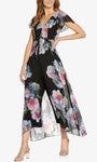 V-neck Natural Waistline Flutter Sleeves Hidden Back Zipper Floral Print Floor Length Jumpsuit