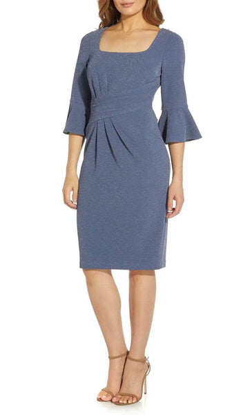 Tall Sophisticated Bell Sleeves Sheath Short Square Neck Asymmetric Ruched Natural Waistline Sheath Dress