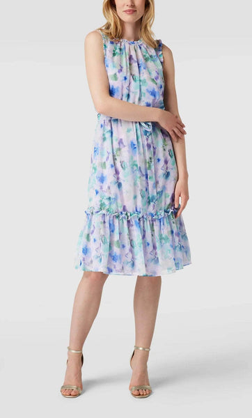 Sophisticated A-line Tiered Back Zipper Cocktail Above the Knee Ruffle Trim Floral Print Natural Tie Waist Waistline Sleeveless Jeweled Neck Dress