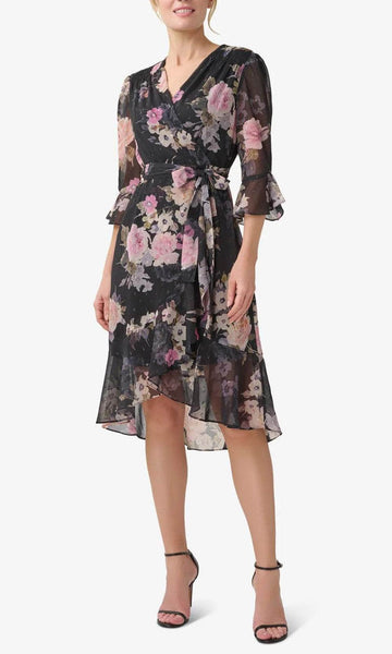 Tall Sophisticated A-line V-neck Above the Knee High-Low-Hem Floral Print Natural Tie Waist Waistline Dress