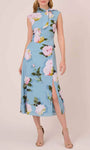 Sophisticated High-Neck Sheath Sleeveless Back Zipper Slit Self Tie Tea Length Floral Print Natural Waistline Sheath Dress