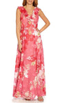 A-line V-neck Hidden Back Zipper Natural Waistline Cap Flutter Sleeves Ruffle Trim Floral Print Floor Length Dress