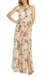 A-line Halter Floor Length Natural Waistline Sleeveless Slit Open-Back Back Zipper Floral Print Dress