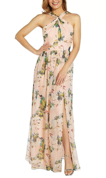 A-line Sleeveless Floor Length Natural Waistline Floral Print Slit Back Zipper Open-Back Halter Dress