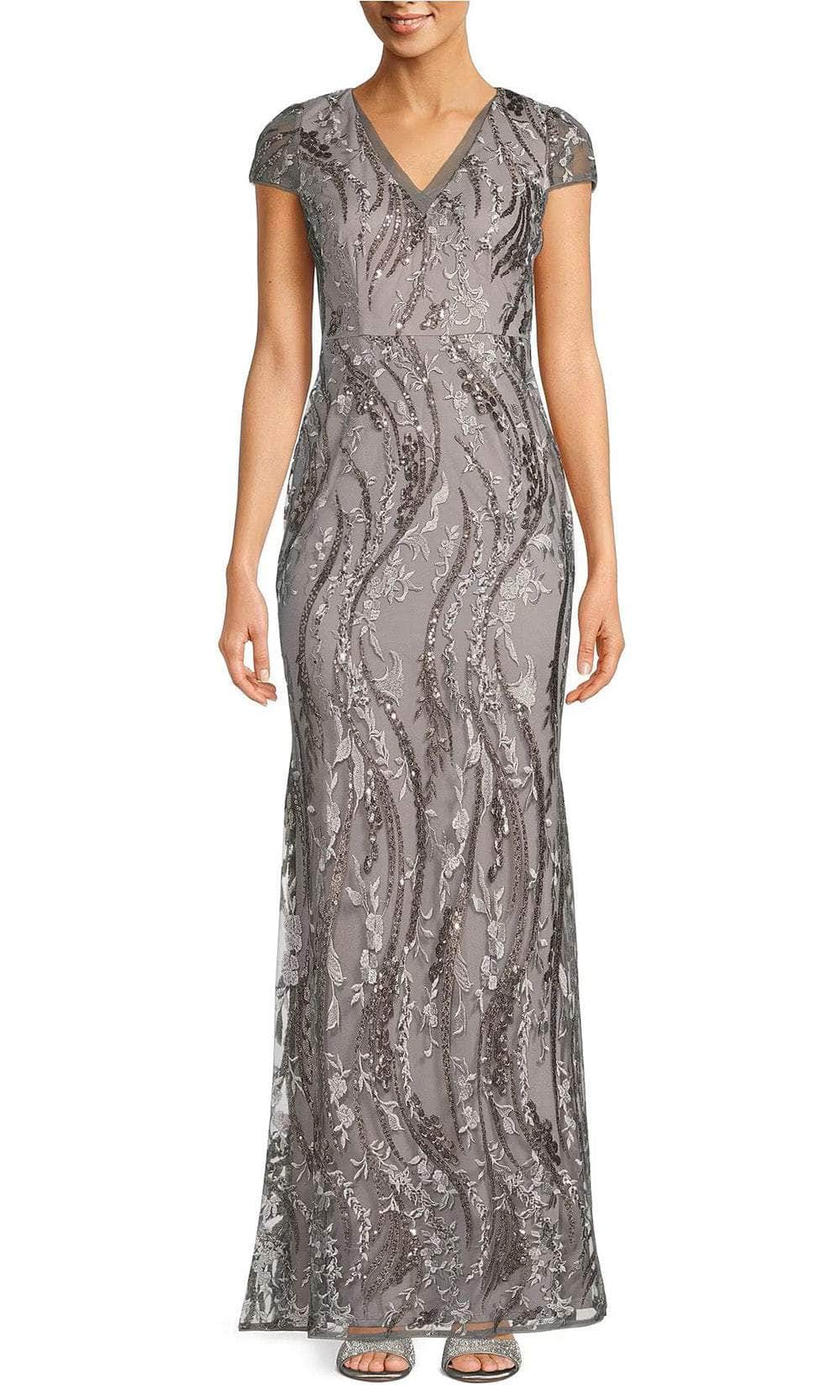 Adrianna Papell AP1E210106 - V Neck Sequin Embroidery Gown
