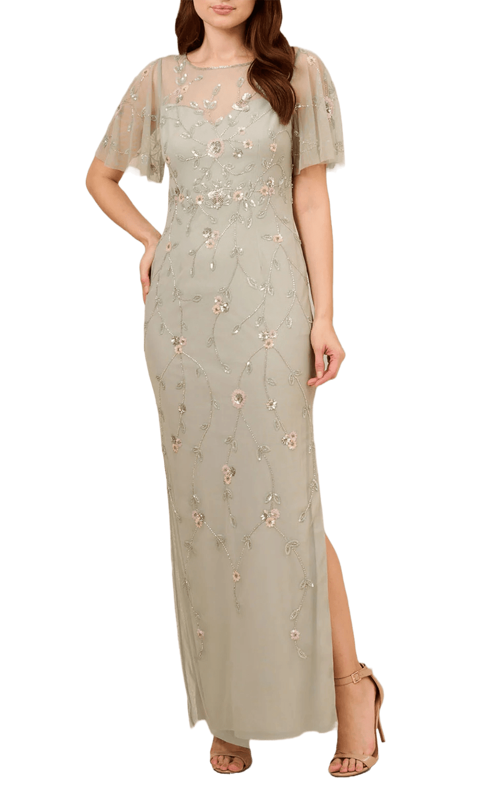 Floral Print Back Zipper Beaded Slit Illusion Sheath Flutter Short Sleeves Sleeves Natural Waistline Sheath Dress