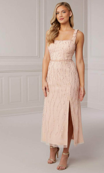 Sophisticated Sheath Natural Waistline Beaded Cutout Back Zipper Mesh Slit Sequined Thick Straps Square Neck Floor Length Sheath Dress