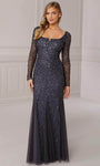 Floor Length Long Sleeves Sequined Back Zipper Beaded Fitted Mesh Fall Natural Waistline Sheath Sheath Dress