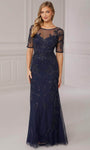 Sophisticated Mesh Fitted Beaded Illusion Natural Waistline Floor Length Sheath Sheath Dress with a Brush/Sweep Train