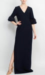 Sophisticated V-neck Floor Length Slit Back Zipper Sheath 3/4 Sleeves Natural Princess Seams Waistline Sheath Dress