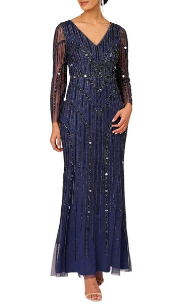 Modest V-neck General Print Hidden Back Zipper Illusion Mesh Fitted Beaded Sequined Floor Length Sheath Natural Waistline Long Sleeves Polyester Sheath Dress/Evening Dress