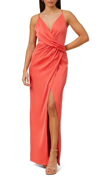 V-neck Natural Waistline Sheath Ruched Back Zipper Slit Gathered Draped Floor Length Spaghetti Strap Sheath Dress