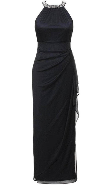 Empire Waistline Polyester Floor Length Back Zipper Racerback Mesh Draped Gathered Beaded Slit Collared Halter Sheath Sheath Dress With Ruffles