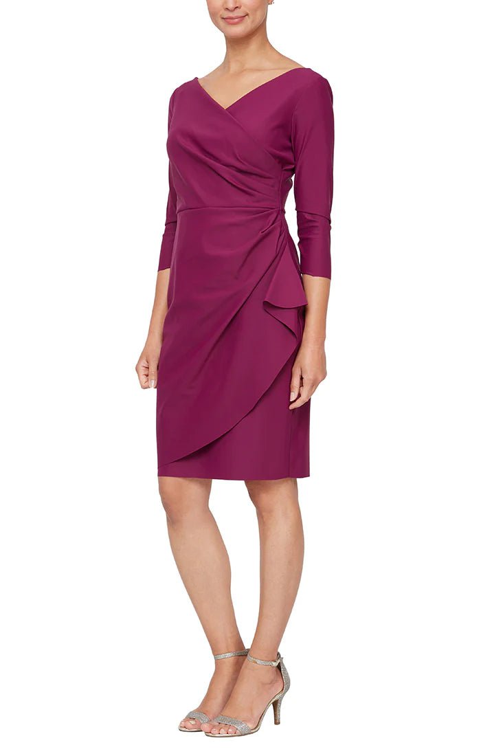 Sophisticated V-neck Above the Knee Sheath Natural Waistline Wrap Draped Back Zipper Sheath Dress