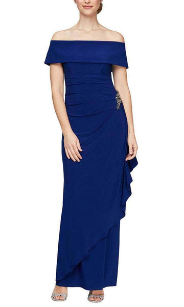 Floor Length Fitted Jeweled Hidden Back Zipper Faux Wrap Ruched Jersey Short Sleeves Sleeves Off the Shoulder Sheath Natural Princess Seams Waistline Sheath Dress
