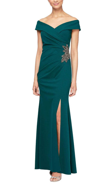 Sophisticated V-neck Beaded Slit Back Zipper Ruched Natural Waistline Off the Shoulder Sheath Sheath Dress/Evening Dress/Mother-of-the-Bride Dress