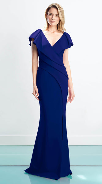 V-neck Pleated Open-Back Asymmetric Button Closure Slit Cap Sleeves Floor Length Mermaid Natural Waistline Evening Dress with a Brush/Sweep Train With Ruffles