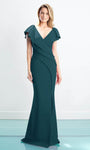 V-neck Mermaid Floor Length Natural Waistline Slit Open-Back Pleated Asymmetric Button Closure Cap Sleeves Evening Dress with a Brush/Sweep Train With Ruffles