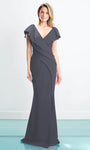 V-neck Asymmetric Open-Back Button Closure Slit Pleated Cap Sleeves Mermaid Floor Length Natural Waistline Evening Dress with a Brush/Sweep Train With Ruffles