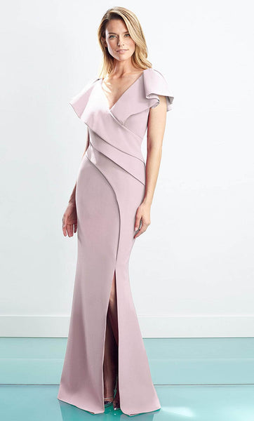 V-neck Button Closure Open-Back Pleated Slit Asymmetric Floor Length Natural Waistline Mermaid Cap Sleeves Evening Dress with a Brush/Sweep Train With Ruffles