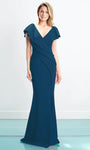 V-neck Natural Waistline Asymmetric Button Closure Open-Back Slit Pleated Mermaid Cap Sleeves Floor Length Evening Dress with a Brush/Sweep Train With Ruffles