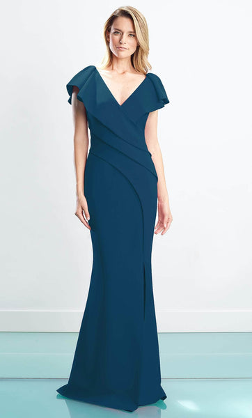 V-neck Mermaid Natural Waistline Floor Length Cap Sleeves Open-Back Pleated Slit Asymmetric Button Closure Evening Dress with a Brush/Sweep Train With Ruffles
