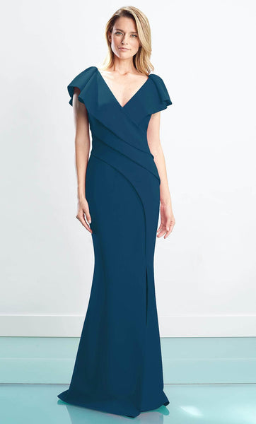 V-neck Mermaid Floor Length Asymmetric Pleated Open-Back Slit Button Closure Cap Sleeves Natural Waistline Evening Dress with a Brush/Sweep Train With Ruffles