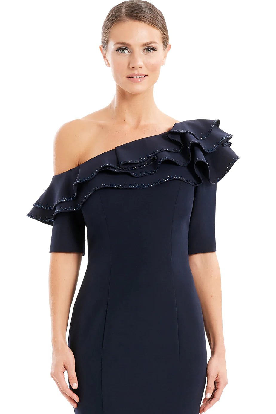 Sophisticated One Shoulder Tiered Back Zipper Fitted Asymmetric Natural Waistline Cocktail Above the Knee Sheath Sheath Dress With Ruffles