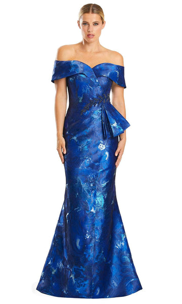 Sophisticated Sweetheart Mermaid Off the Shoulder General Print Natural Waistline Fitted Button Closure Mother-of-the-Bride Dress with a Brush/Sweep Train