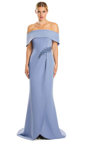 Short Sleeves Sleeves Off the Shoulder Sheath Wrap Open-Back Slit Beaded Applique Button Closure Natural Waistline Sheath Dress/Evening Dress with a Brush/Sweep Train