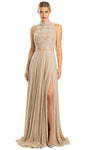 Sophisticated A-line Halter High-Neck Sleeveless Back Zipper Slit Fitted Dress with a Brush/Sweep Train