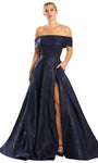 Sophisticated A-line Off the Shoulder Straight Neck Natural Waistline Slit Pocketed Back Zipper Prom Dress with a Brush/Sweep Train
