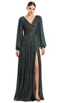 A-line V-neck Ruched Slit V Back Beaded Bishop Long Sleeves Natural Waistline Evening Dress with a Brush/Sweep Train