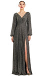 A-line V-neck Bishop Long Sleeves Natural Waistline Ruched Slit Beaded V Back Evening Dress with a Brush/Sweep Train