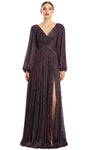 A-line V-neck Bishop Long Sleeves Natural Waistline V Back Ruched Slit Beaded Evening Dress with a Brush/Sweep Train