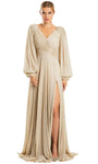 A-line V-neck Slit Ruched V Back Beaded Natural Waistline Bishop Long Sleeves Evening Dress with a Brush/Sweep Train