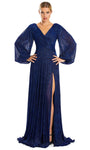 A-line V-neck Beaded Ruched V Back Slit Natural Waistline Bishop Long Sleeves Evening Dress with a Brush/Sweep Train