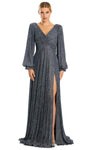 A-line V-neck Natural Waistline V Back Ruched Slit Beaded Bishop Long Sleeves Evening Dress with a Brush/Sweep Train