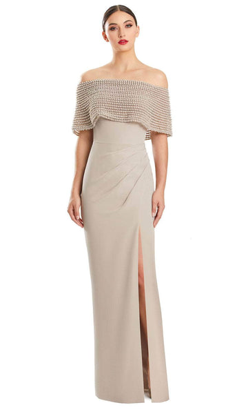 Natural Waistline Sheath Floor Length Off the Shoulder Beaded Fitted Asymmetric Pleated Slit Open-Back Sheath Dress/Evening Dress