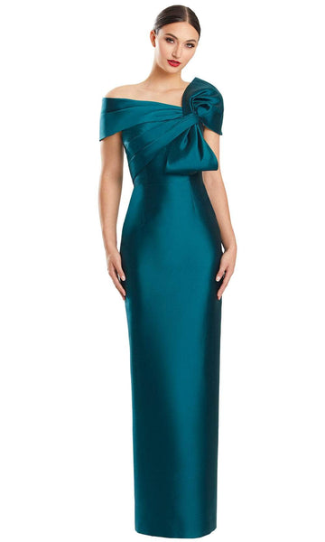 Sophisticated Button Closure Back Zipper Fitted Asymmetric Slit Pleated Off the Shoulder Sheath Natural Waistline Sheath Dress/Evening Dress With a Bow(s)