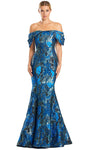 Sophisticated Fitted Straight Neck General Print Mermaid Natural Waistline Off the Shoulder Dress with a Brush/Sweep Train