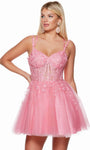 A-line Sweetheart Corset Natural Waistline Applique Lace-Up Glittering Self Tie Illusion Sleeveless Spaghetti Strap Above the Knee Homecoming Dress