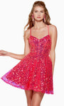 A-line V-neck Short Sequined Glittering Lace-Up Corset Natural Waistline Flutter Sleeves Spaghetti Strap Homecoming Dress