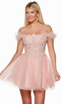 A-line Open-Back Back Zipper Embroidered Natural Waistline Off the Shoulder Straight Neck Tulle Cocktail Short Dress