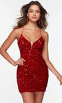 Sexy V-neck Sheath Sleeveless Spaghetti Strap Natural Waistline Plunging Neck Lace-Up Back Zipper Sequined Sheer Fitted Cocktail Short Sheath Dress