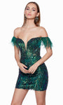 Sophisticated Fitted Back Zipper Sequined Sheer Beaded Illusion Sheath Cocktail Short Off the Shoulder Corset Natural Waistline General Print Sheath Dress