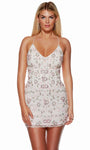 V-neck Beaded Fitted Lace-Up Sequined Cocktail Short Natural Waistline Sleeveless Sheath Floral Print Sheath Dress
