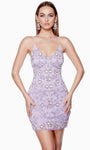V-neck Sleeveless Cocktail Short Lace-Up Beaded Sequined Fitted Sheath Floral Print Natural Waistline Sheath Dress