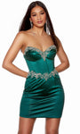 Sophisticated Strapless Short Satin Sheath Basque Corset Waistline Sweetheart Jeweled Sheath Dress/Homecoming Dress With a Ribbon